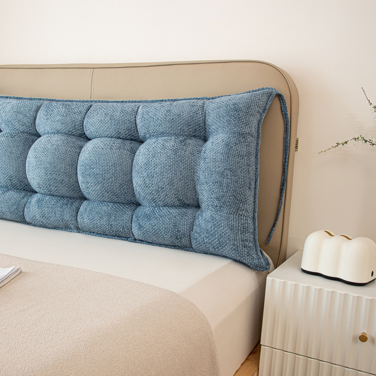 91家纺网 家纺一手货源 找家纺 沐沐家纺 2026新款简约十字绒床头靠背 孔雀蓝