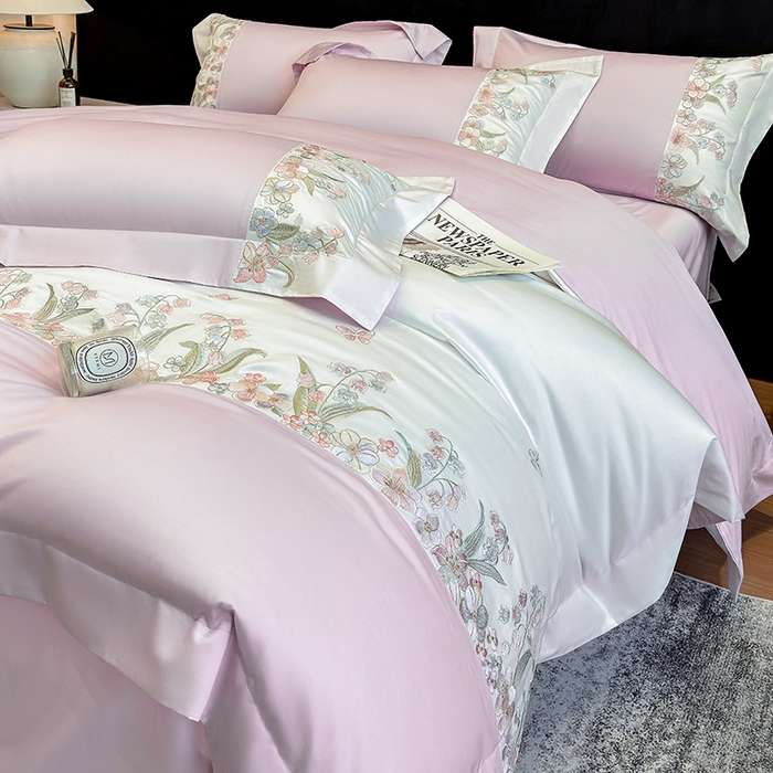 91家纺网 家纺一手货源 找家纺 星蕴家纺 2026新款50贡缎长绒棉纯棉绣花四件套-花瑾 花瑾-梦幻紫