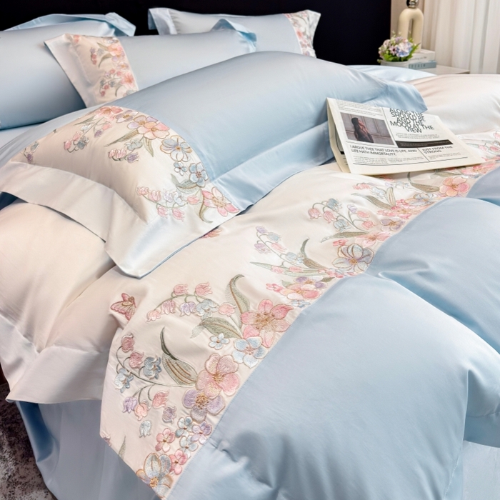 91家纺网 家纺一手货源 找家纺 星蕴家纺 2026新款50贡缎长绒棉纯棉绣花四件套-花瑾 花瑾-晴山蓝