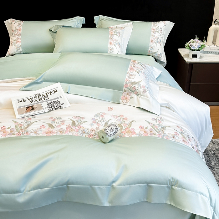 91家纺网 家纺一手货源 找家纺 星蕴家纺 2026新款50贡缎长绒棉纯棉绣花四件套-花瑾 花瑾-清新绿