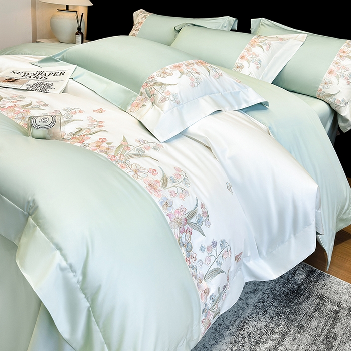 91家纺网 家纺一手货源 找家纺 星蕴家纺 2026新款50贡缎长绒棉纯棉绣花四件套-花瑾 花瑾-清新绿