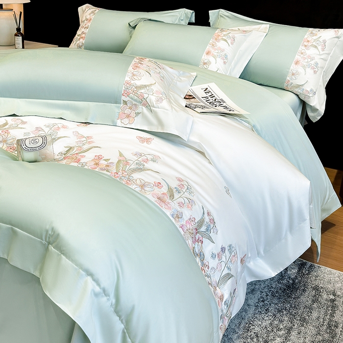 91家纺网 家纺一手货源 找家纺 星蕴家纺 2026新款50贡缎长绒棉纯棉绣花四件套-花瑾 花瑾-清新绿