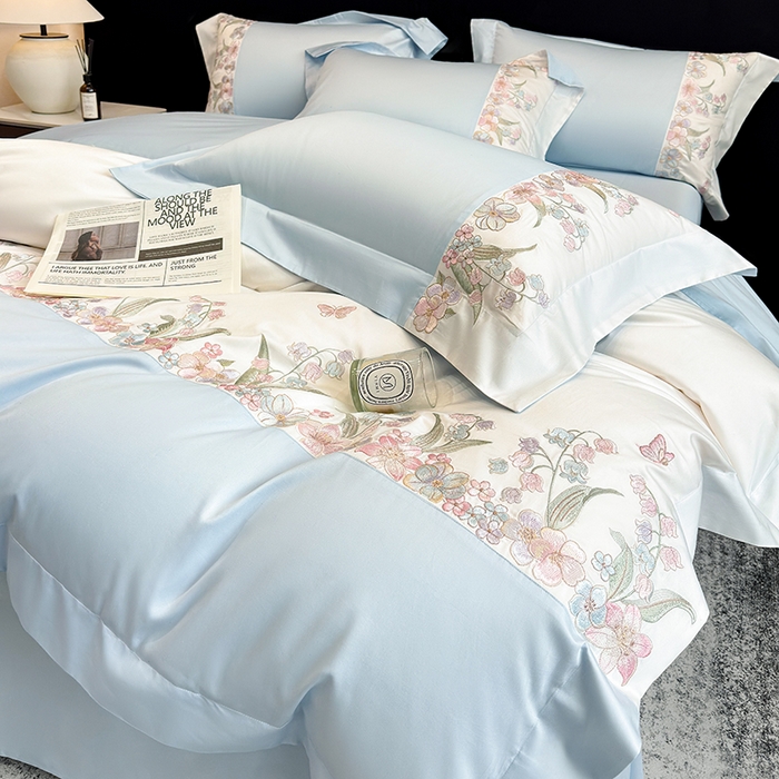 91家纺网 家纺一手货源 找家纺 星蕴家纺 2026新款50贡缎长绒棉纯棉绣花四件套-花瑾 花瑾-晴山蓝