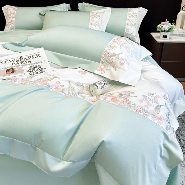 91家纺网 家纺一手货源 找家纺 星蕴家纺 2026新款50贡缎长绒棉纯棉绣花四件套-花瑾 花瑾-清新绿