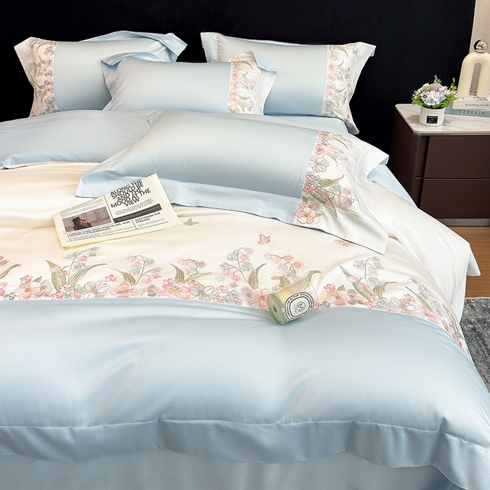 91家纺网 家纺一手货源 找家纺 星蕴家纺 2026新款50贡缎长绒棉纯棉绣花四件套-花瑾 花瑾-晴山蓝