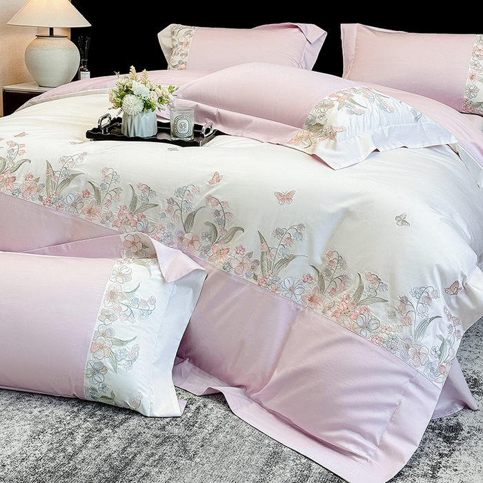 91家纺网 家纺一手货源 找家纺 星蕴家纺 2026新款50贡缎长绒棉纯棉绣花四件套-花瑾 花瑾-梦幻紫