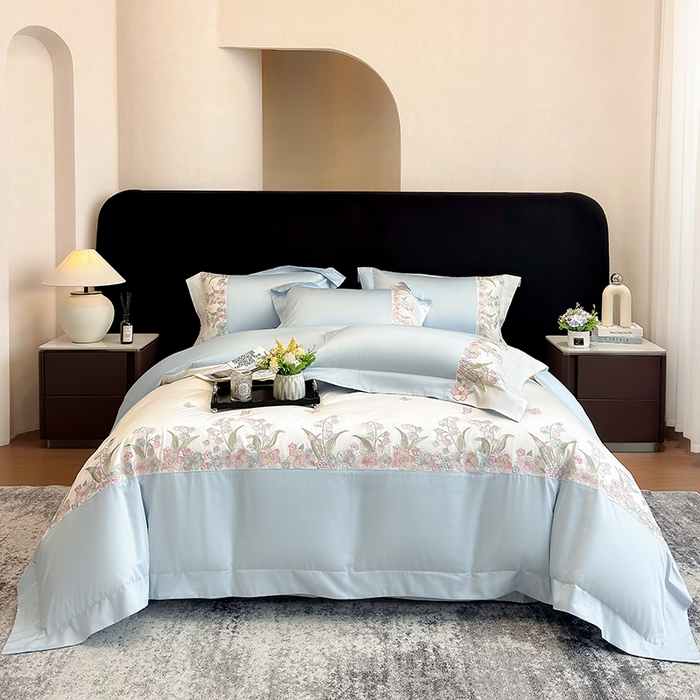 91家纺网 家纺一手货源 找家纺 星蕴家纺 2026新款50贡缎长绒棉纯棉绣花四件套-花瑾 花瑾-晴山蓝