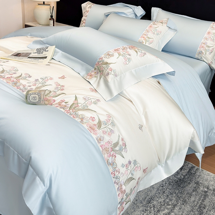 91家纺网 家纺一手货源 找家纺 星蕴家纺 2026新款50贡缎长绒棉纯棉绣花四件套-花瑾 花瑾-晴山蓝