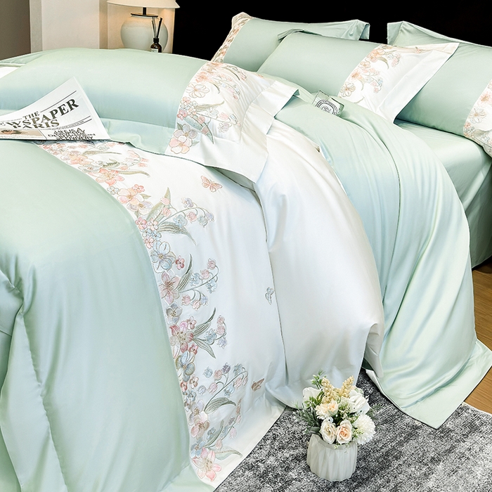 91家纺网 家纺一手货源 找家纺 星蕴家纺 2026新款50贡缎长绒棉纯棉绣花四件套-花瑾 花瑾-清新绿