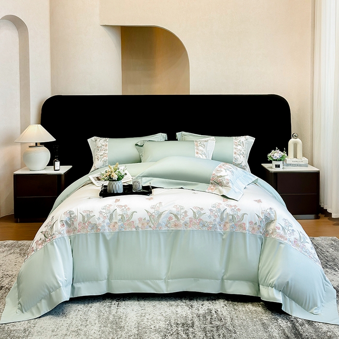 91家纺网 家纺一手货源 找家纺 星蕴家纺 2026新款50贡缎长绒棉纯棉绣花四件套-花瑾 花瑾-清新绿