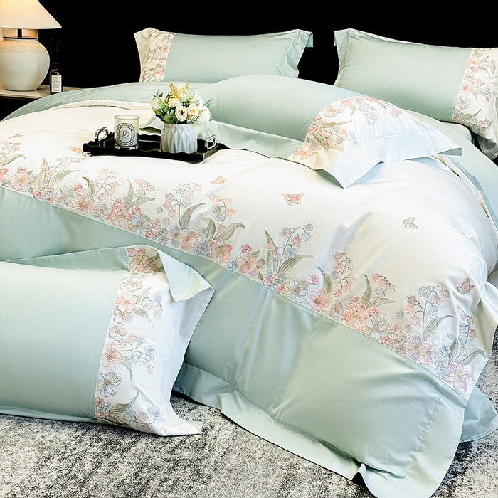 91家纺网 家纺一手货源 找家纺 星蕴家纺 2026新款50贡缎长绒棉纯棉绣花四件套-花瑾 花瑾-清新绿