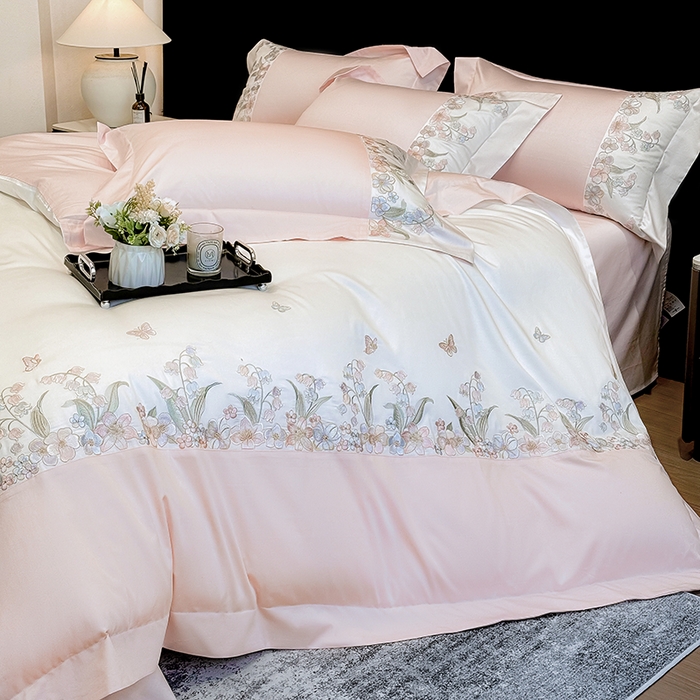 91家纺网 家纺一手货源 找家纺 星蕴家纺 2026新款50贡缎长绒棉纯棉绣花四件套-花瑾 花瑾-邂逅粉