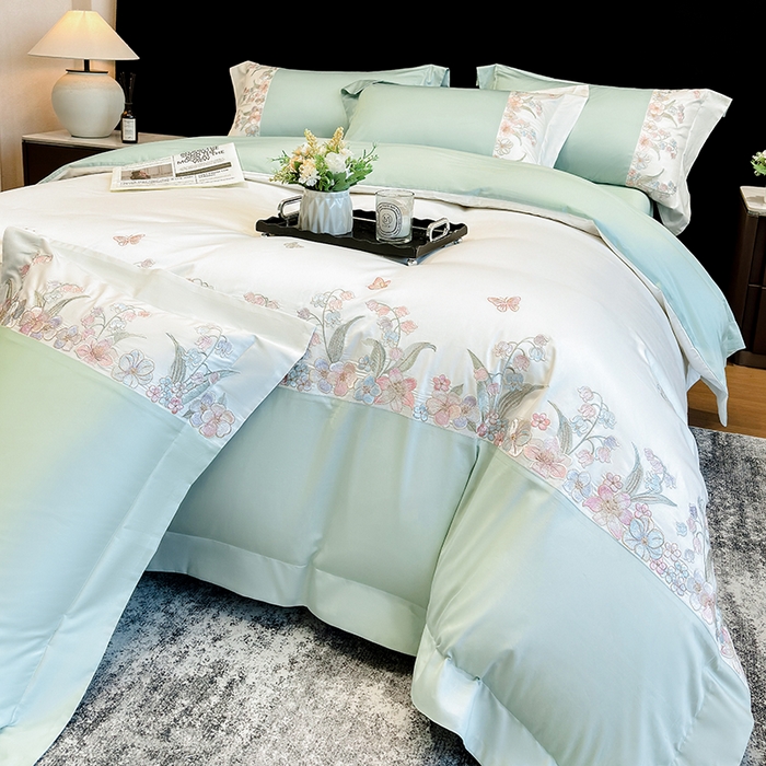 91家纺网 家纺一手货源 找家纺 星蕴家纺 2026新款50贡缎长绒棉纯棉绣花四件套-花瑾 花瑾-清新绿