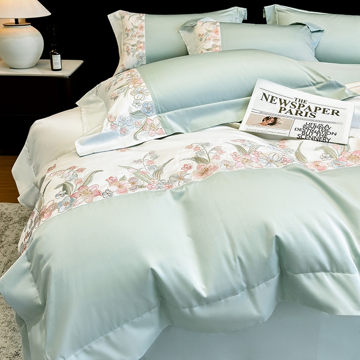 91家纺网 家纺一手货源 找家纺 星蕴家纺 2026新款50贡缎长绒棉纯棉绣花四件套-花瑾 花瑾-清新绿