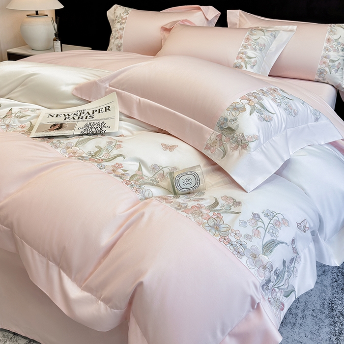 星蕴家纺 2026新款50贡缎长绒棉纯棉绣花四件套-花瑾 花瑾-邂逅粉