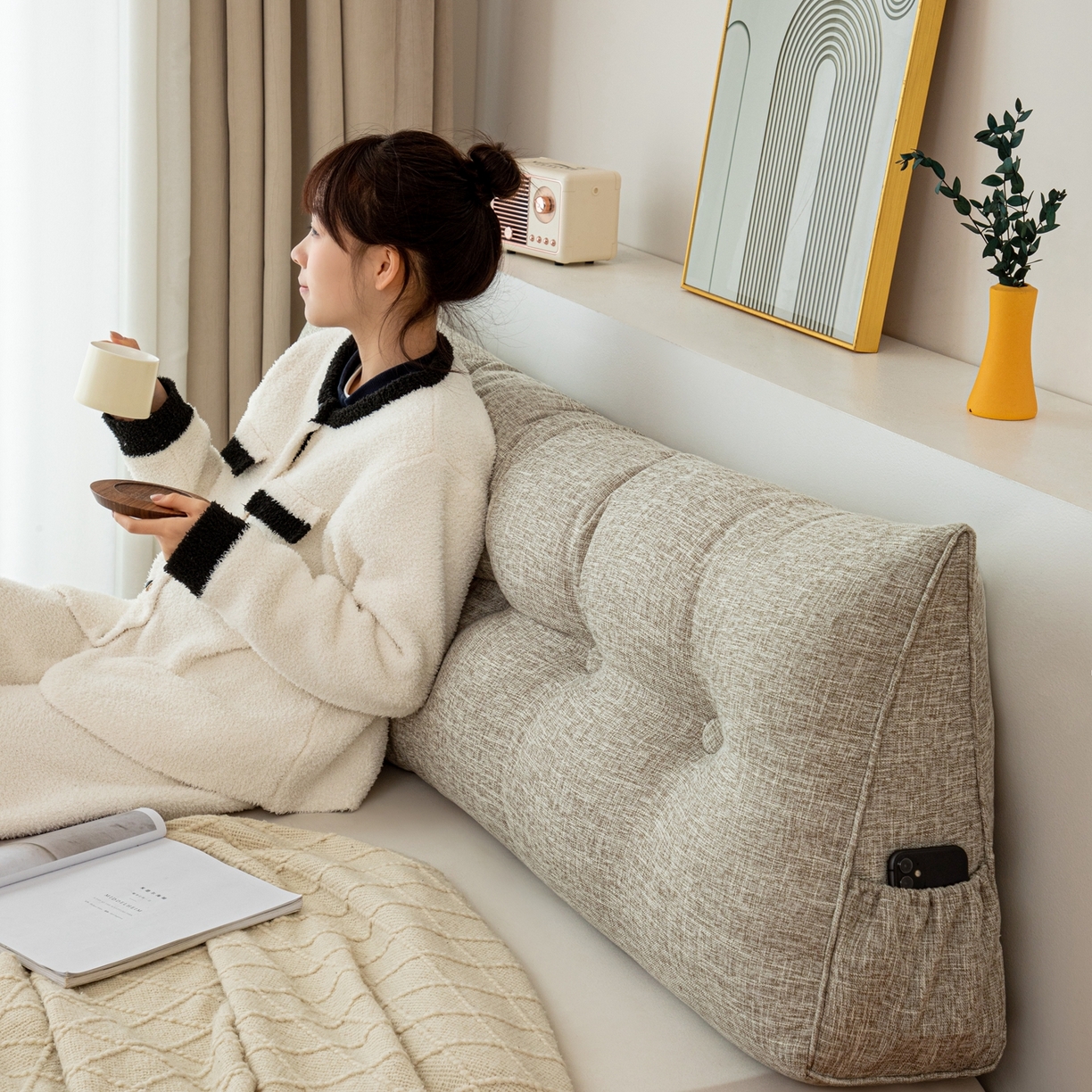 沐沐家纺 2026新款棉麻三角大靠背 浅麻灰