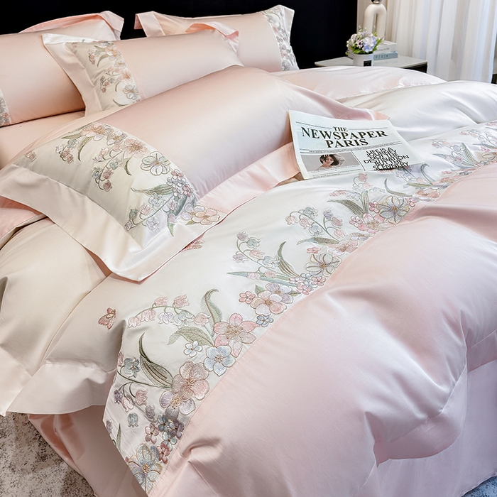 91家纺网 家纺一手货源 找家纺 星蕴家纺 2026新款50贡缎长绒棉纯棉绣花四件套-花瑾 花瑾-邂逅粉