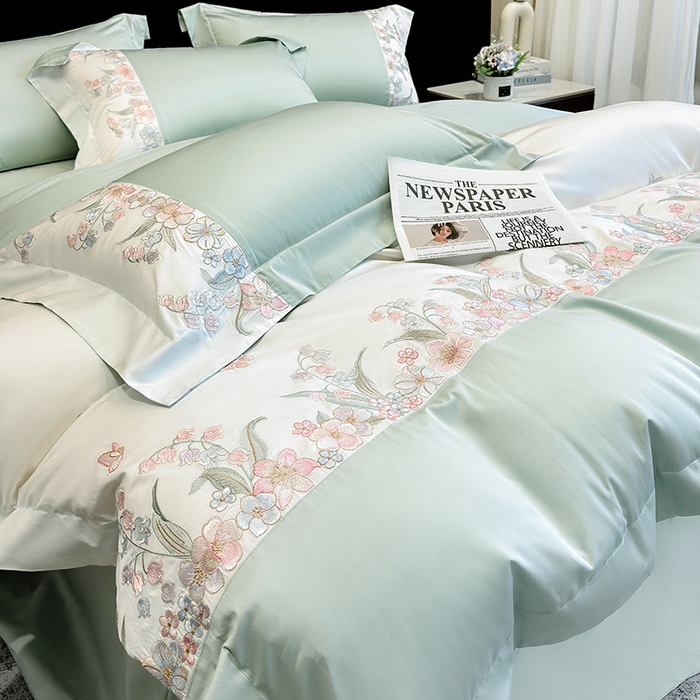 91家纺网 家纺一手货源 找家纺 星蕴家纺 2026新款50贡缎长绒棉纯棉绣花四件套-花瑾 花瑾-清新绿