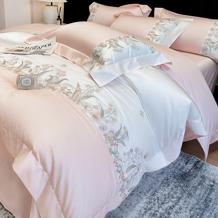 91家纺网 家纺一手货源 找家纺 星蕴家纺 2026新款50贡缎长绒棉纯棉绣花四件套-花瑾 花瑾-邂逅粉