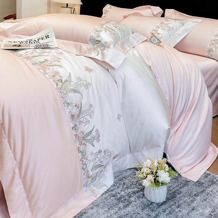 91家纺网 家纺一手货源 找家纺 星蕴家纺 2026新款50贡缎长绒棉纯棉绣花四件套-花瑾 花瑾-邂逅粉