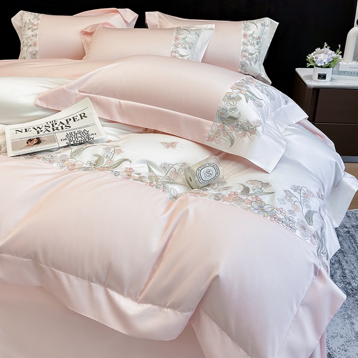 91家纺网 家纺一手货源 找家纺 星蕴家纺 2026新款50贡缎长绒棉纯棉绣花四件套-花瑾 花瑾-邂逅粉