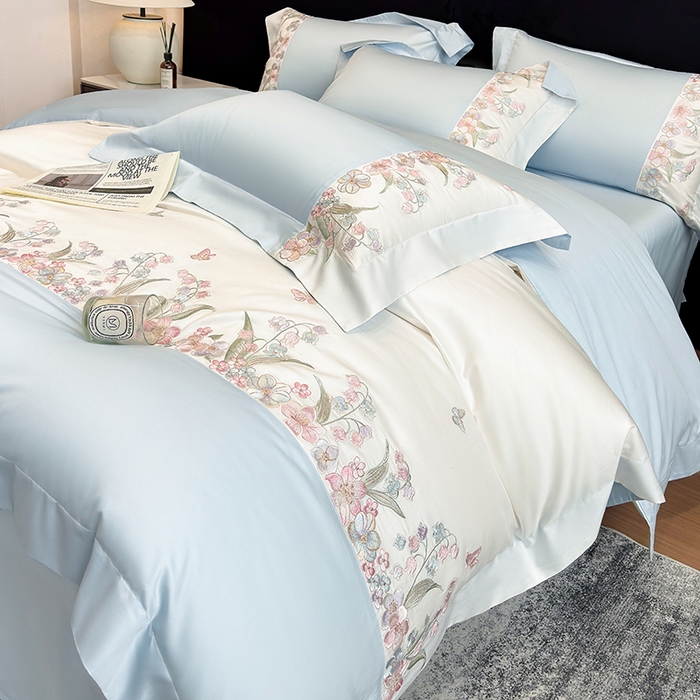 91家纺网 家纺一手货源 找家纺 星蕴家纺 2026新款50贡缎长绒棉纯棉绣花四件套-花瑾 花瑾-晴山蓝