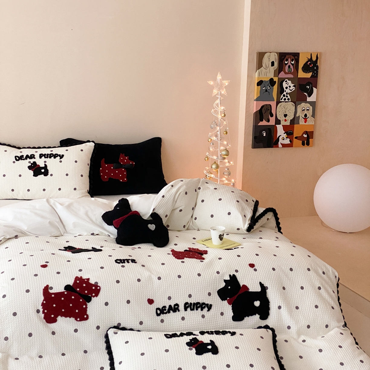 91家纺网 家纺一手货源 找家纺 星野 2026春夏新款100s双股澳棉纯棉刺绣四件套-第二波 波点萌犬