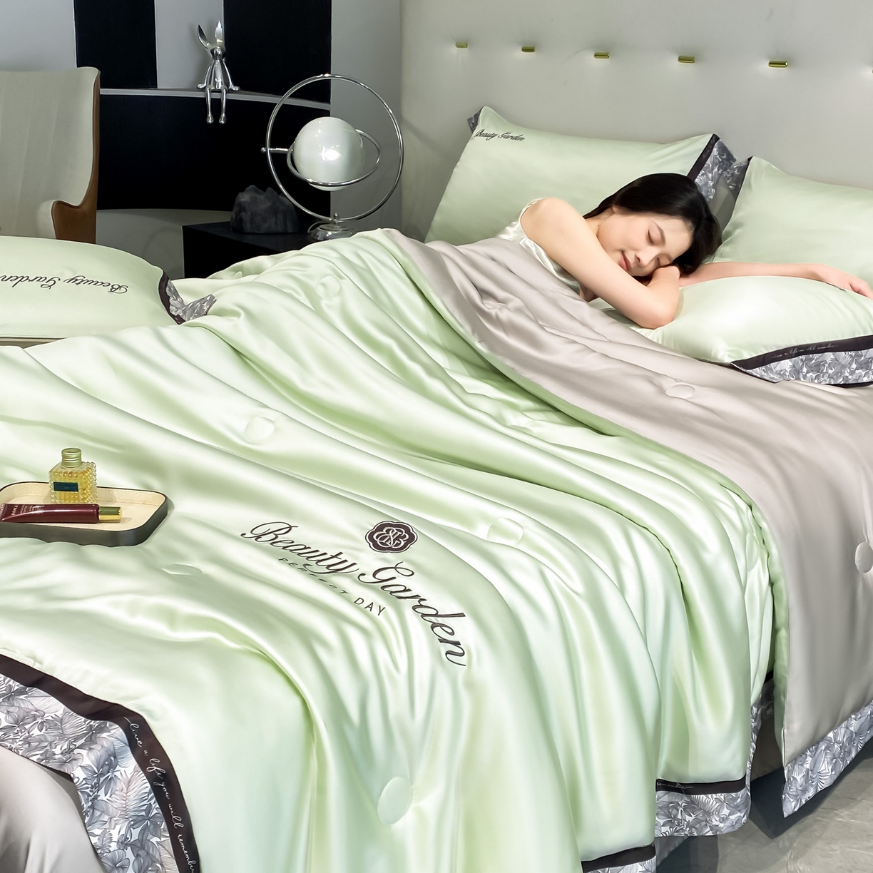 云棉坊 2026新款水洗真丝冰丝夏被夏凉被空调被数码边刺绣款-琉光系列 琉光-水果清香+山灰