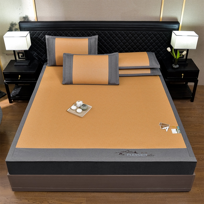 91家纺网 家纺一手货源 找家纺 小牛席业 2026新款PE冷感霸王藤系列（雪山刺绣款）凉席藤席冰藤席冰丝席草席竹席乳胶席凉感豆豆席 黄色