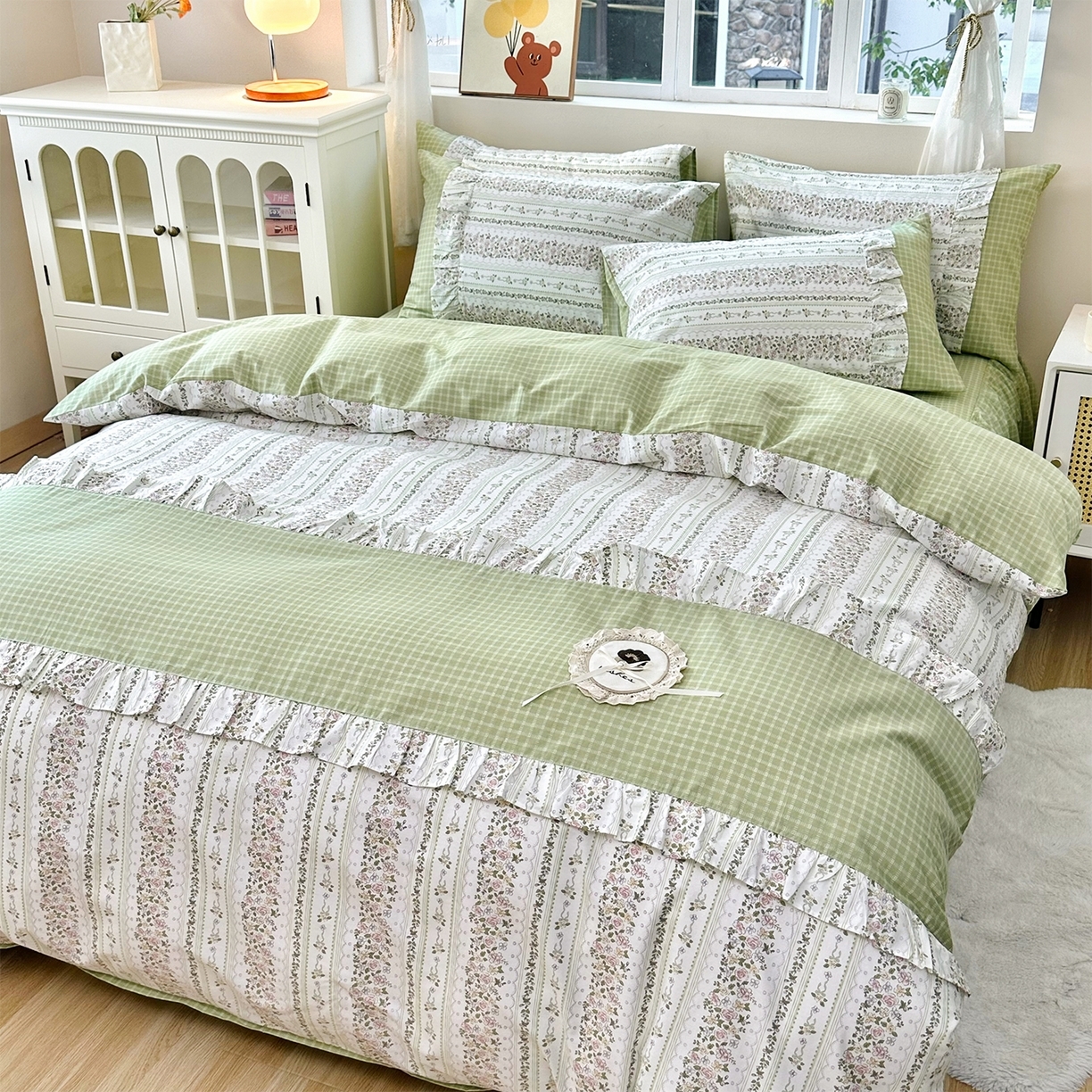 玉元坊 2026新款碎花田园花边公主风全棉纯棉床裙四件套三件套 青鸾绿