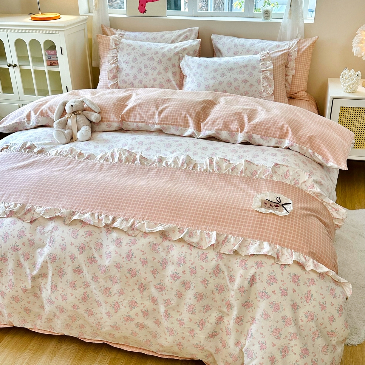 玉元坊 2026新款碎花田园花边公主风全棉纯棉床裙四件套三件套 柔情花梦粉