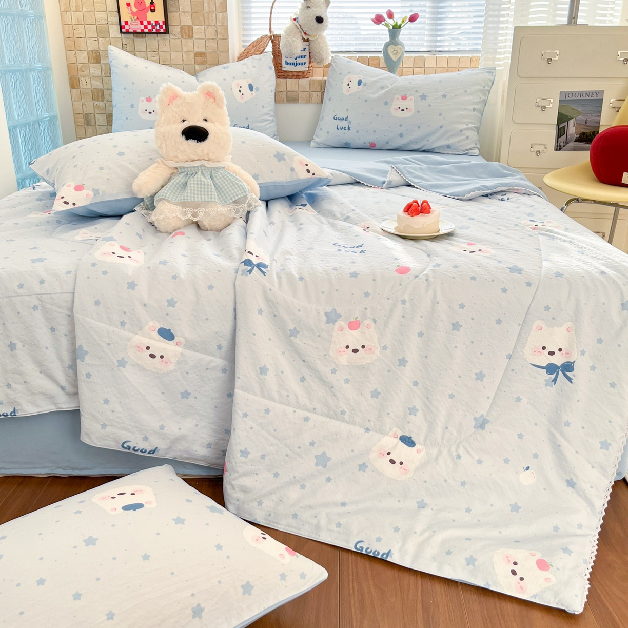 91家纺网 家纺一手货源 找家纺 川悦生活 2026新款双层纱木棉夏被四件套 星星西高地