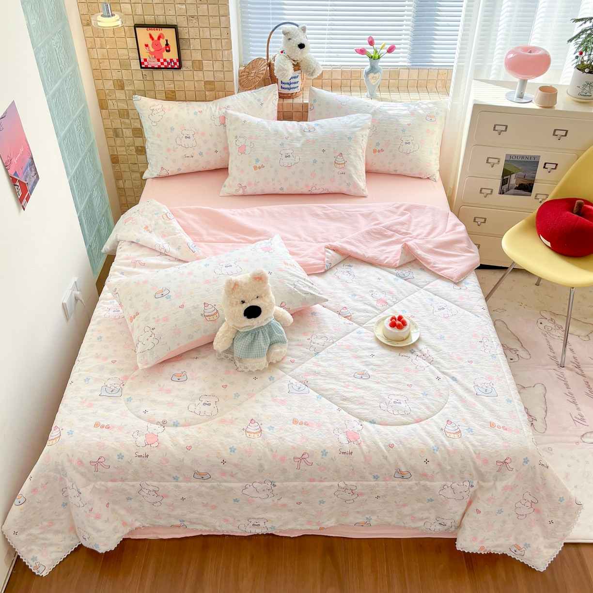 91家纺网 家纺一手货源 找家纺 川悦生活 2026新款双层纱木棉夏被四件套 嘟嘟花园