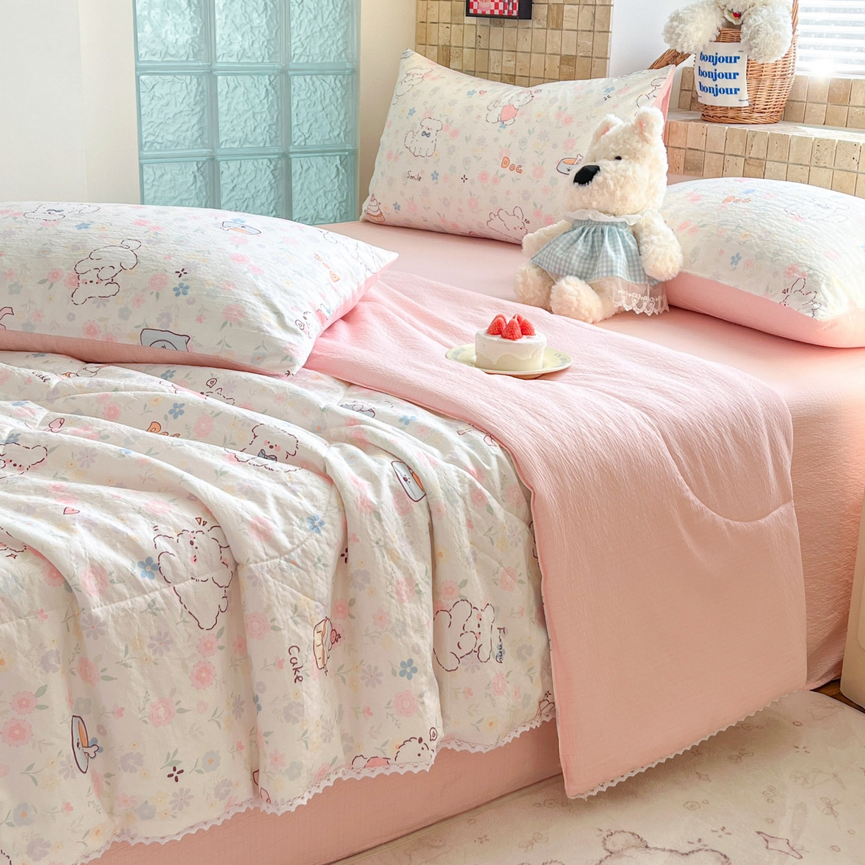 91家纺网 家纺一手货源 找家纺 川悦生活 2026新款双层纱木棉夏被四件套 嘟嘟花园