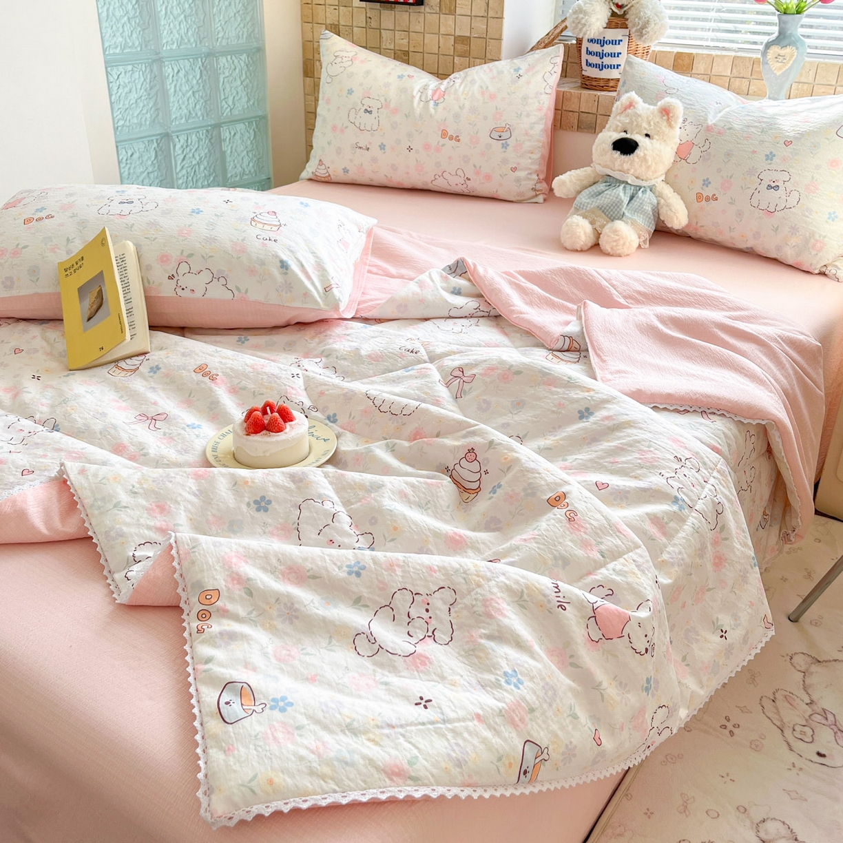 91家纺网 家纺一手货源 找家纺 川悦生活 2026新款双层纱木棉夏被四件套 嘟嘟花园