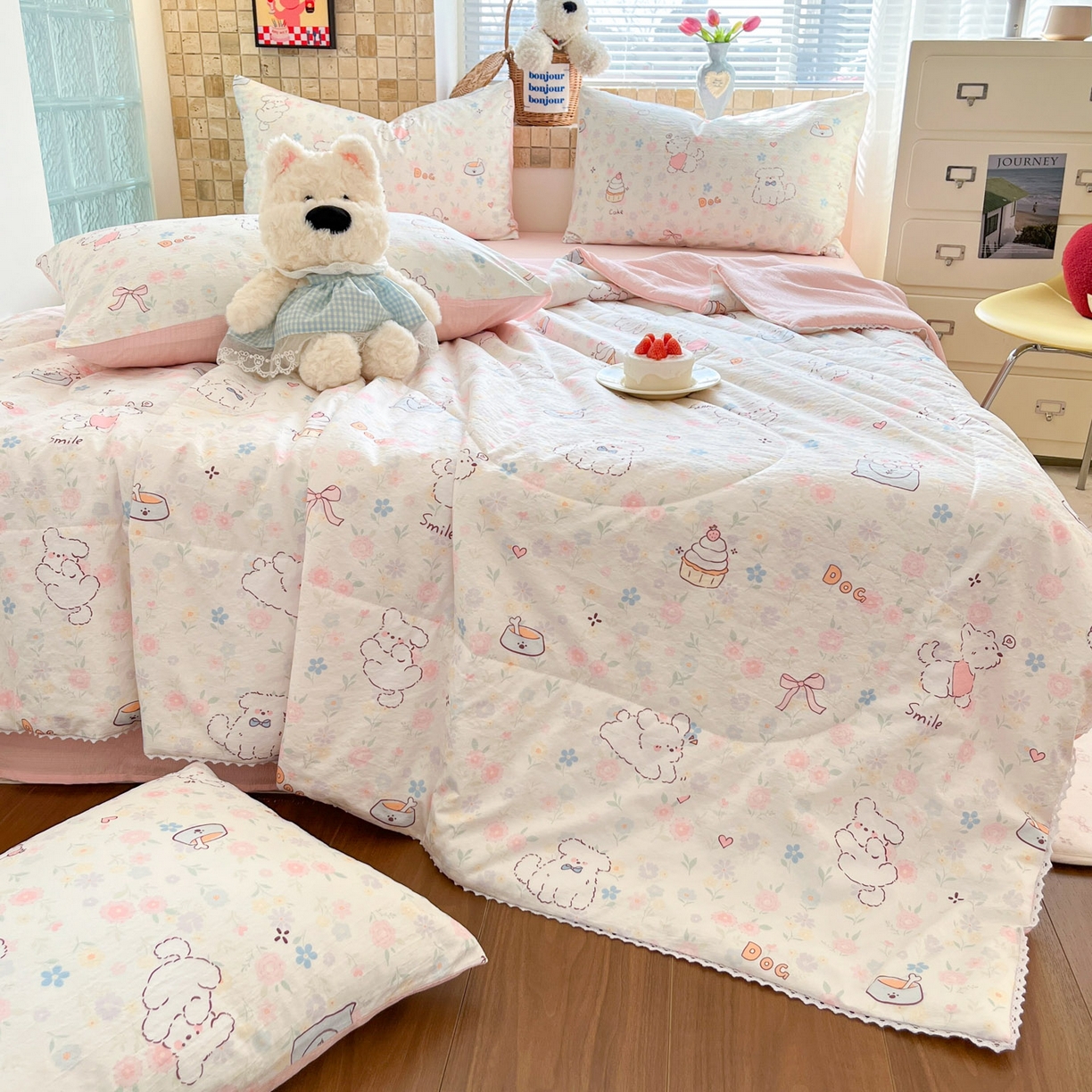 91家纺网 家纺一手货源 找家纺 川悦生活 2026新款双层纱木棉夏被四件套 嘟嘟花园