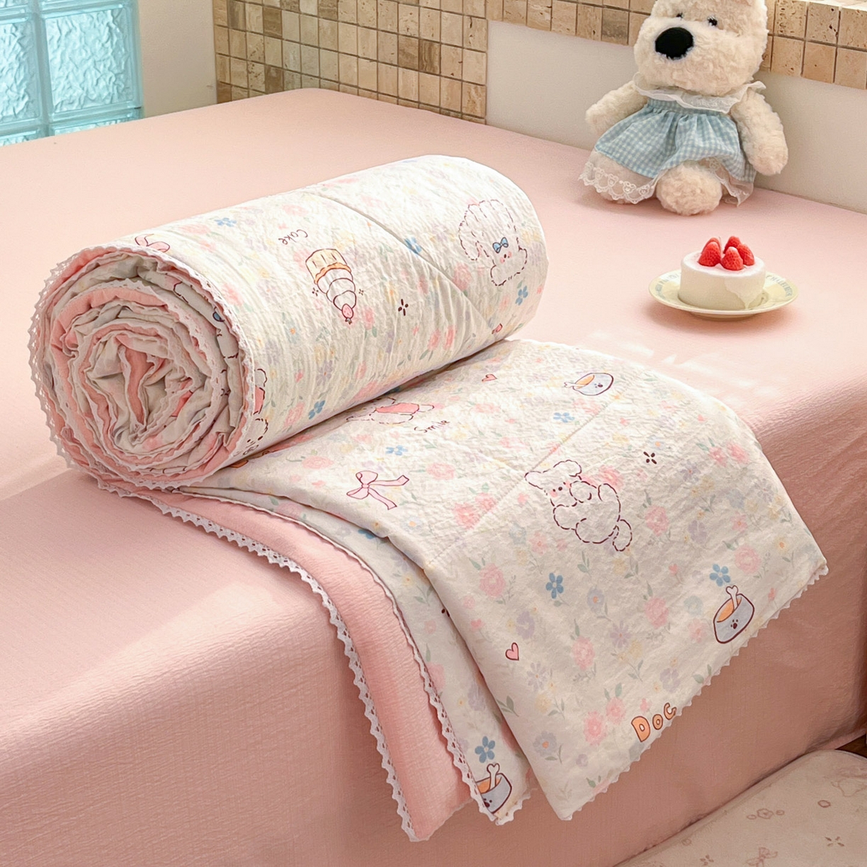 91家纺网 家纺一手货源 找家纺 川悦生活 2026新款双层纱木棉夏被四件套 嘟嘟花园