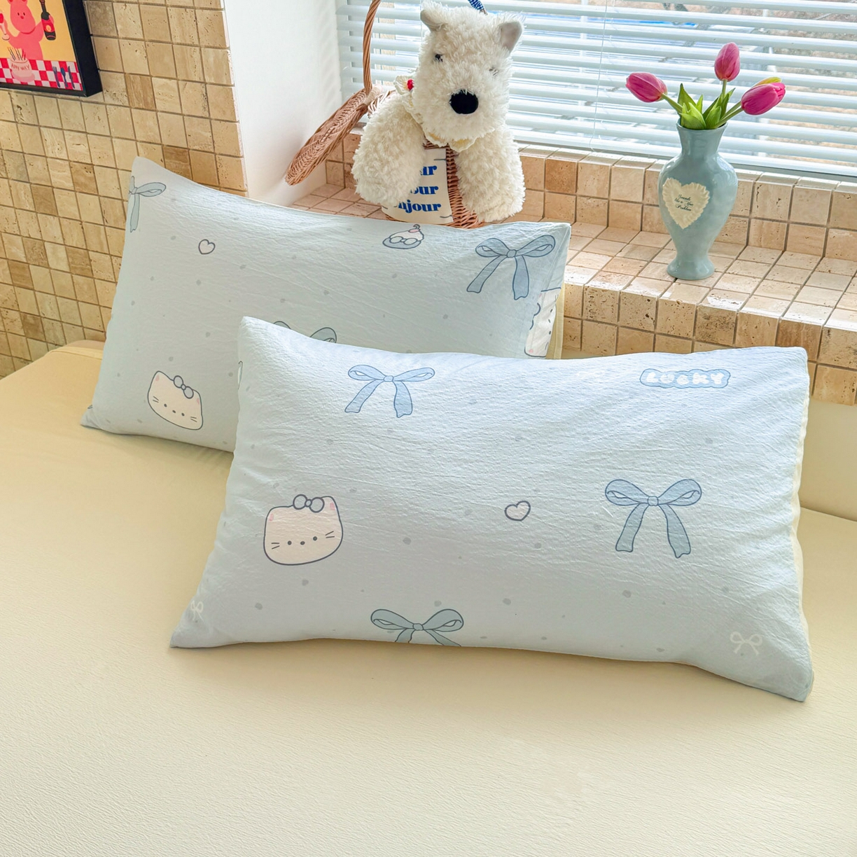 91家纺网 家纺一手货源 找家纺 川悦生活 2026新款双层纱木棉夏被四件套 海盐小咪