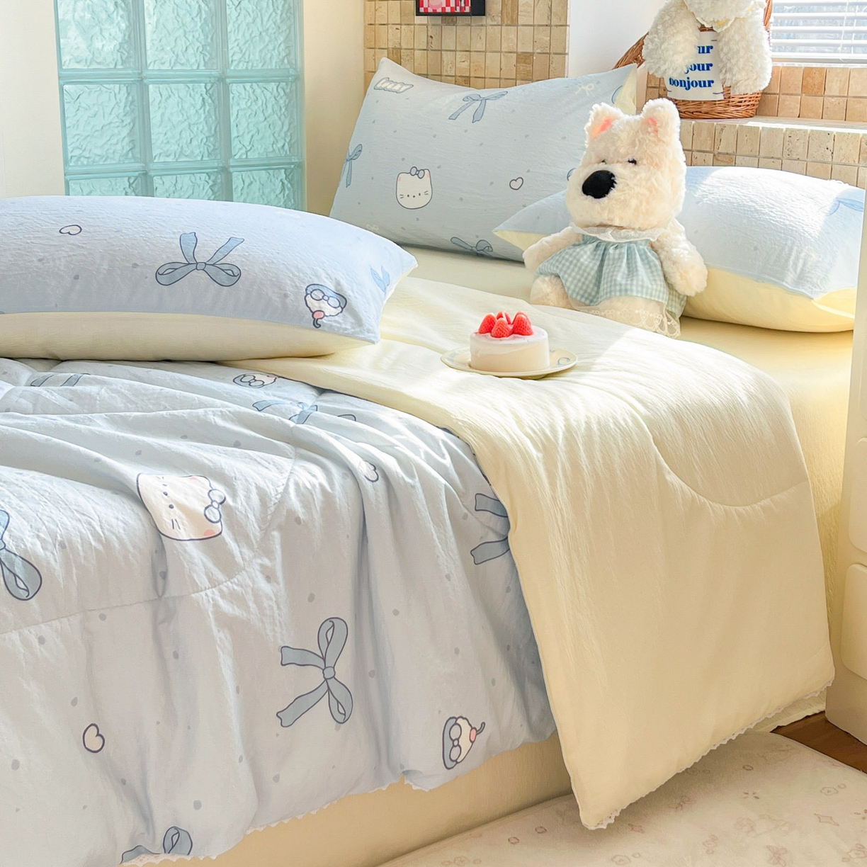 91家纺网 家纺一手货源 找家纺 川悦生活 2026新款双层纱木棉夏被四件套 海盐小咪