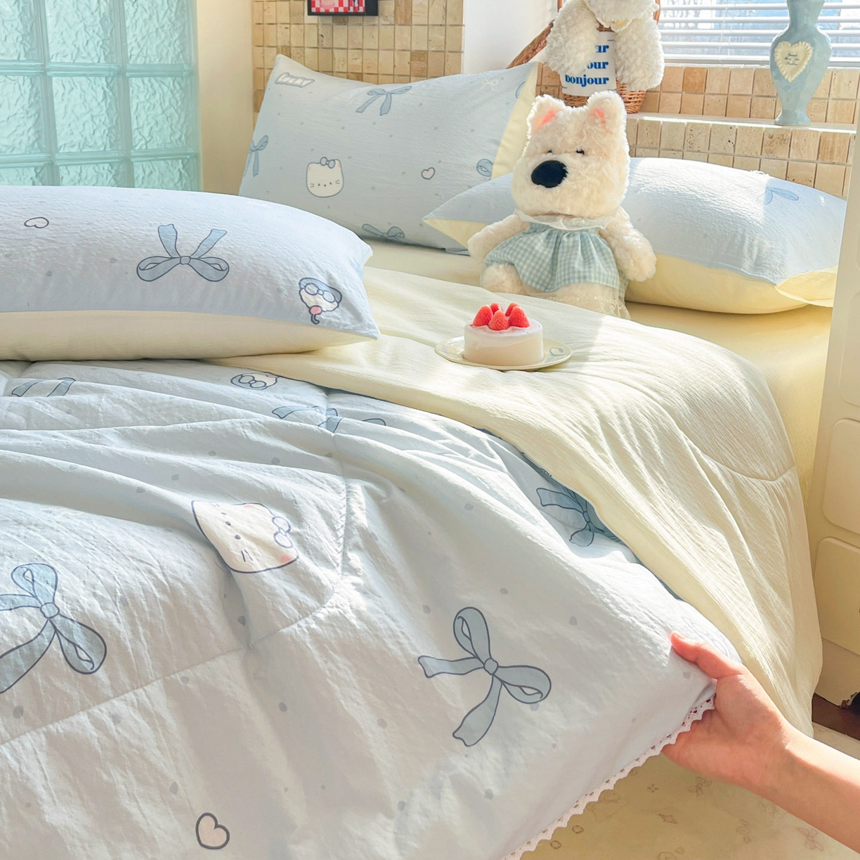 91家纺网 家纺一手货源 找家纺 川悦生活 2026新款双层纱木棉夏被四件套 海盐小咪