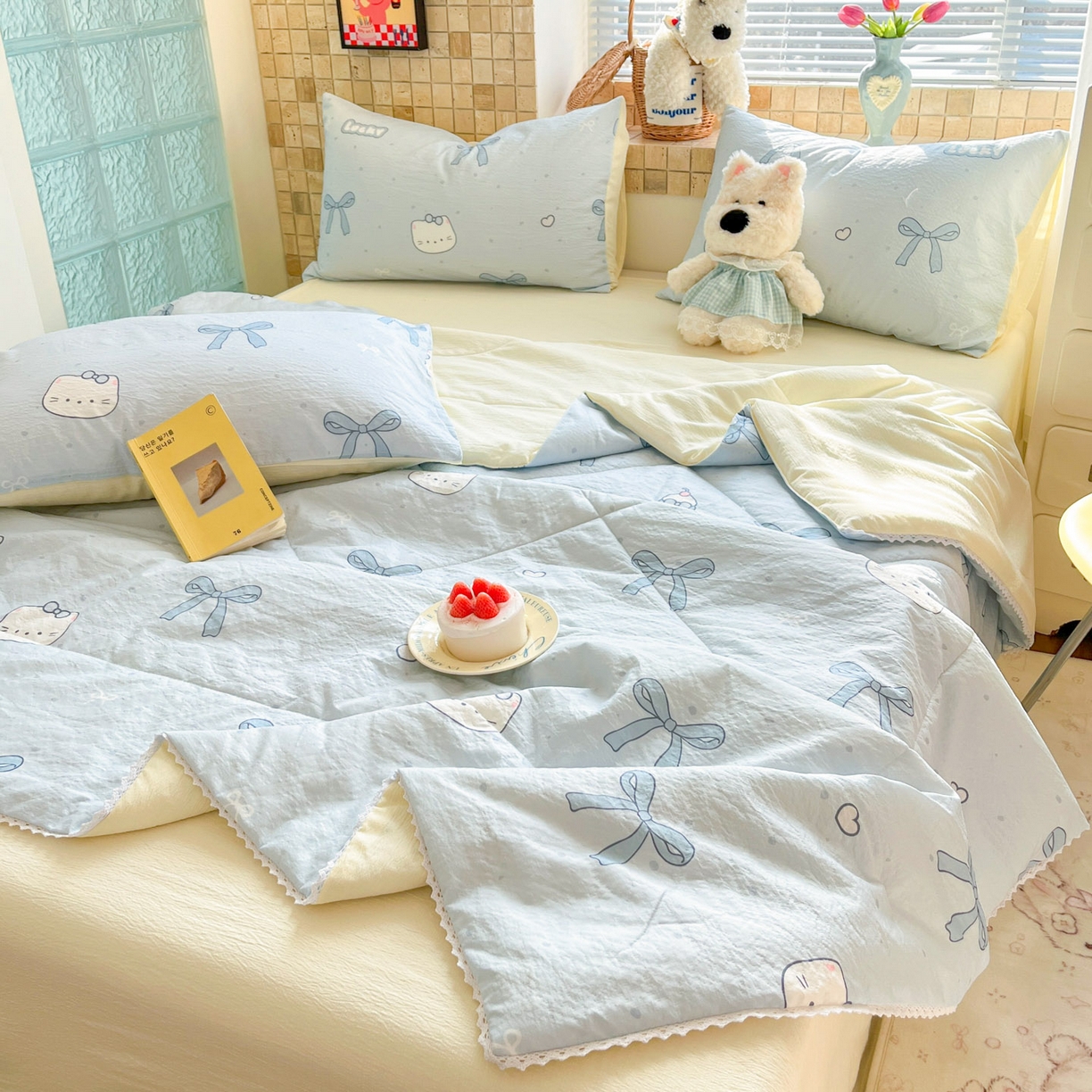 91家纺网 家纺一手货源 找家纺 川悦生活 2026新款双层纱木棉夏被四件套 海盐小咪