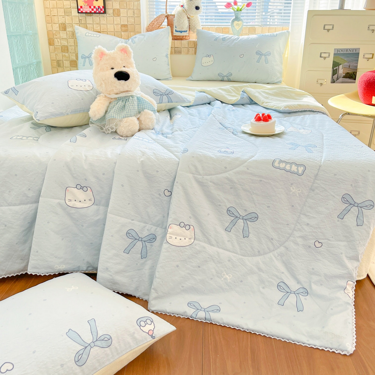 91家纺网 家纺一手货源 找家纺 川悦生活 2026新款双层纱木棉夏被四件套 海盐小咪