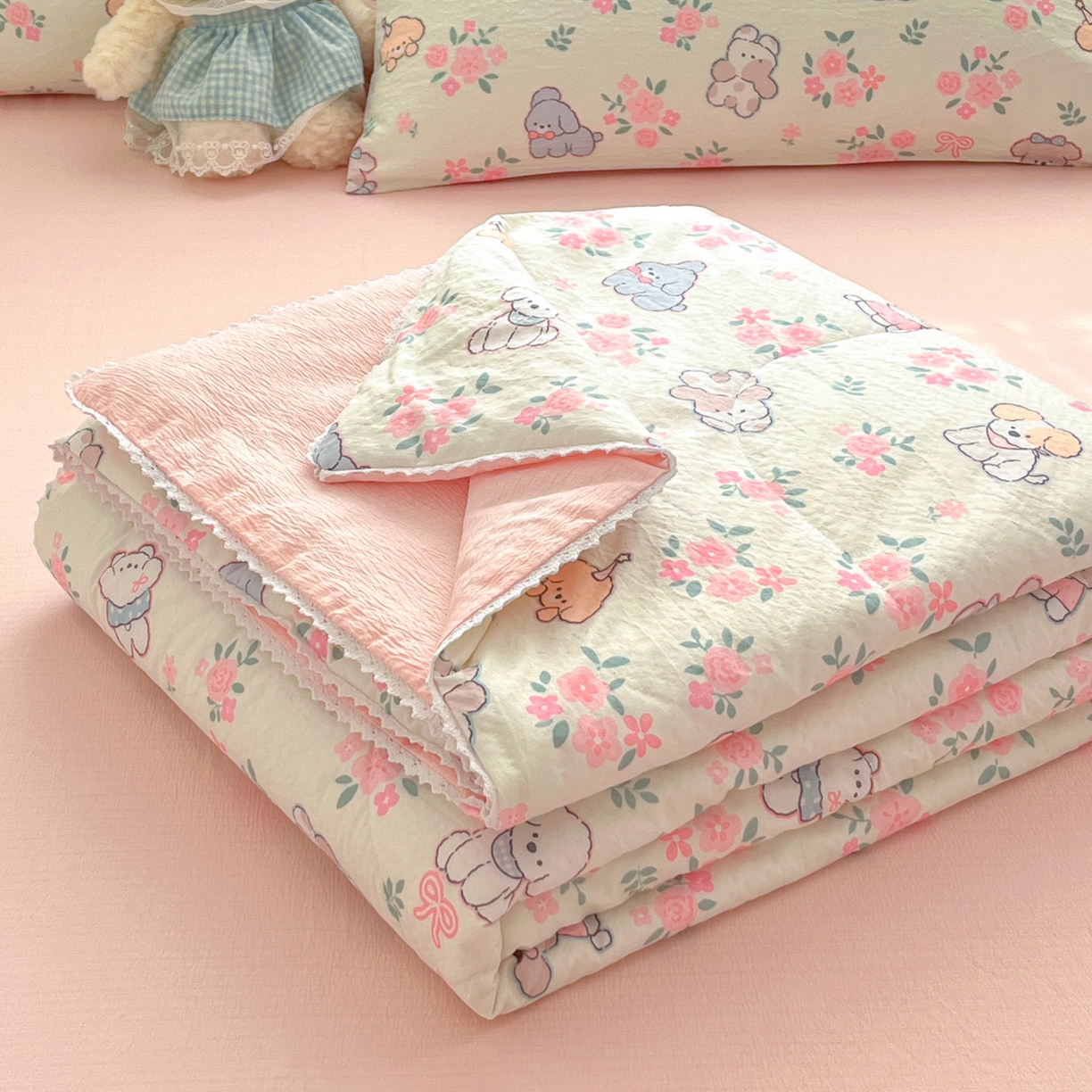 91家纺网 家纺一手货源 找家纺 川悦生活 2026新款双层纱木棉夏被四件套 花都小狗