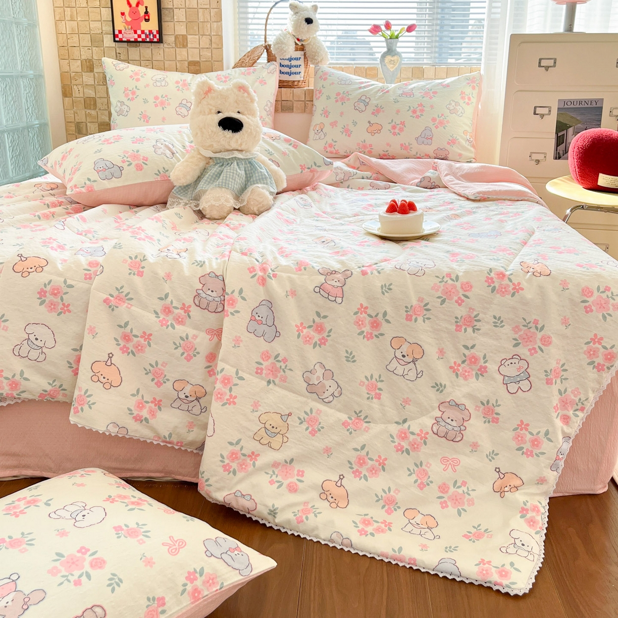 91家纺网 家纺一手货源 找家纺 川悦生活 2026新款双层纱木棉夏被四件套 花都小狗