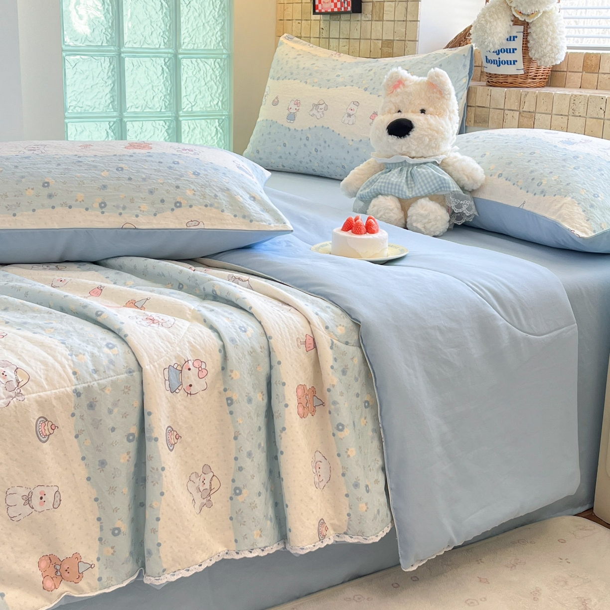 91家纺网 家纺一手货源 找家纺 川悦生活 2026新款双层纱木棉夏被四件套 花田乐园