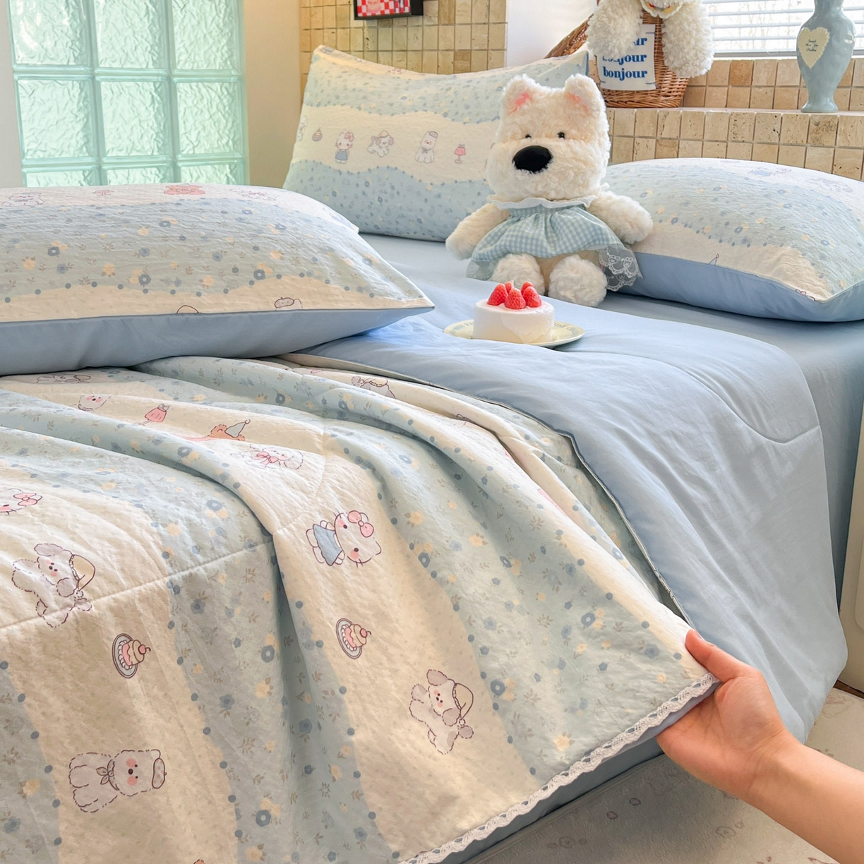 91家纺网 家纺一手货源 找家纺 川悦生活 2026新款双层纱木棉夏被四件套 花田乐园