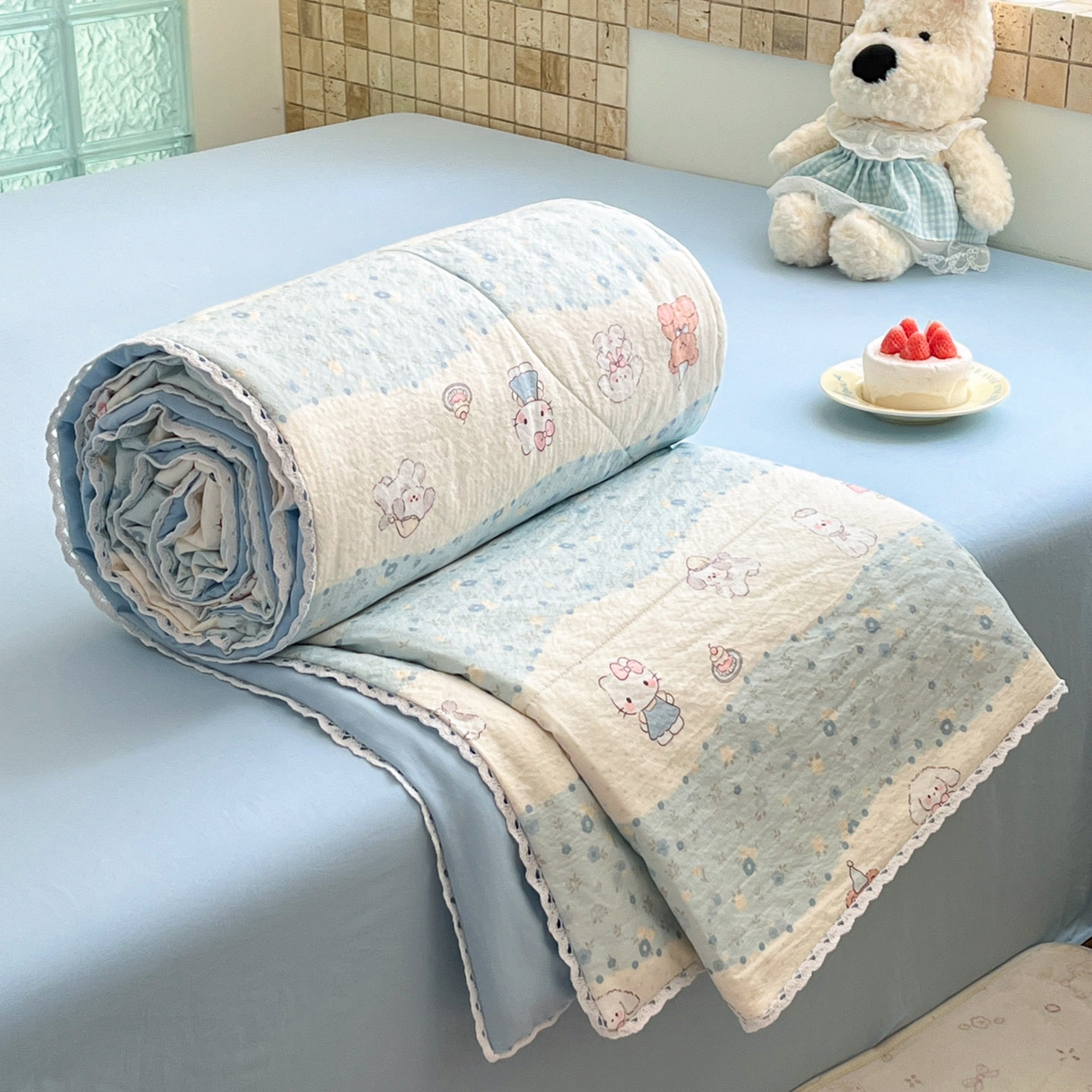 91家纺网 家纺一手货源 找家纺 川悦生活 2026新款双层纱木棉夏被四件套 花田乐园