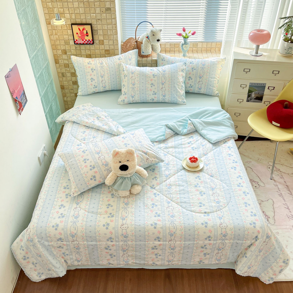 91家纺网 家纺一手货源 找家纺 川悦生活 2026新款双层纱木棉夏被四件套 花艺喵喵