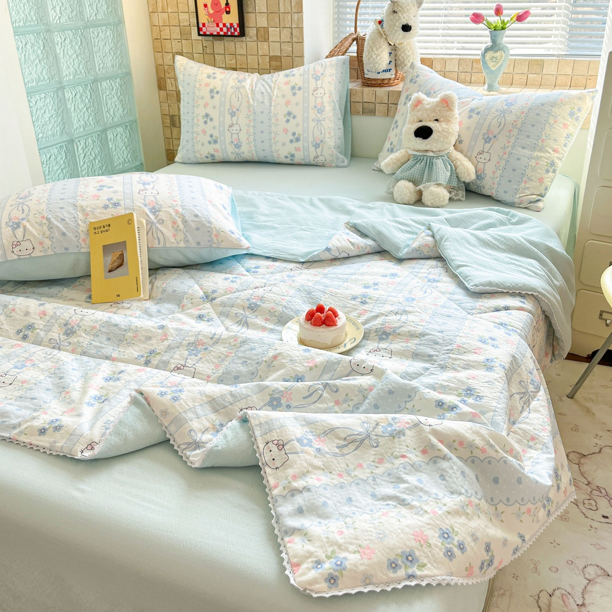 91家纺网 家纺一手货源 找家纺 川悦生活 2026新款双层纱木棉夏被四件套 花艺喵喵