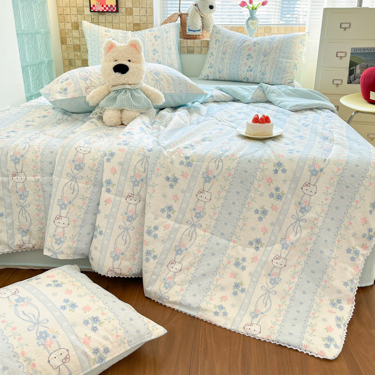 91家纺网 家纺一手货源 找家纺 川悦生活 2026新款双层纱木棉夏被四件套 花艺喵喵